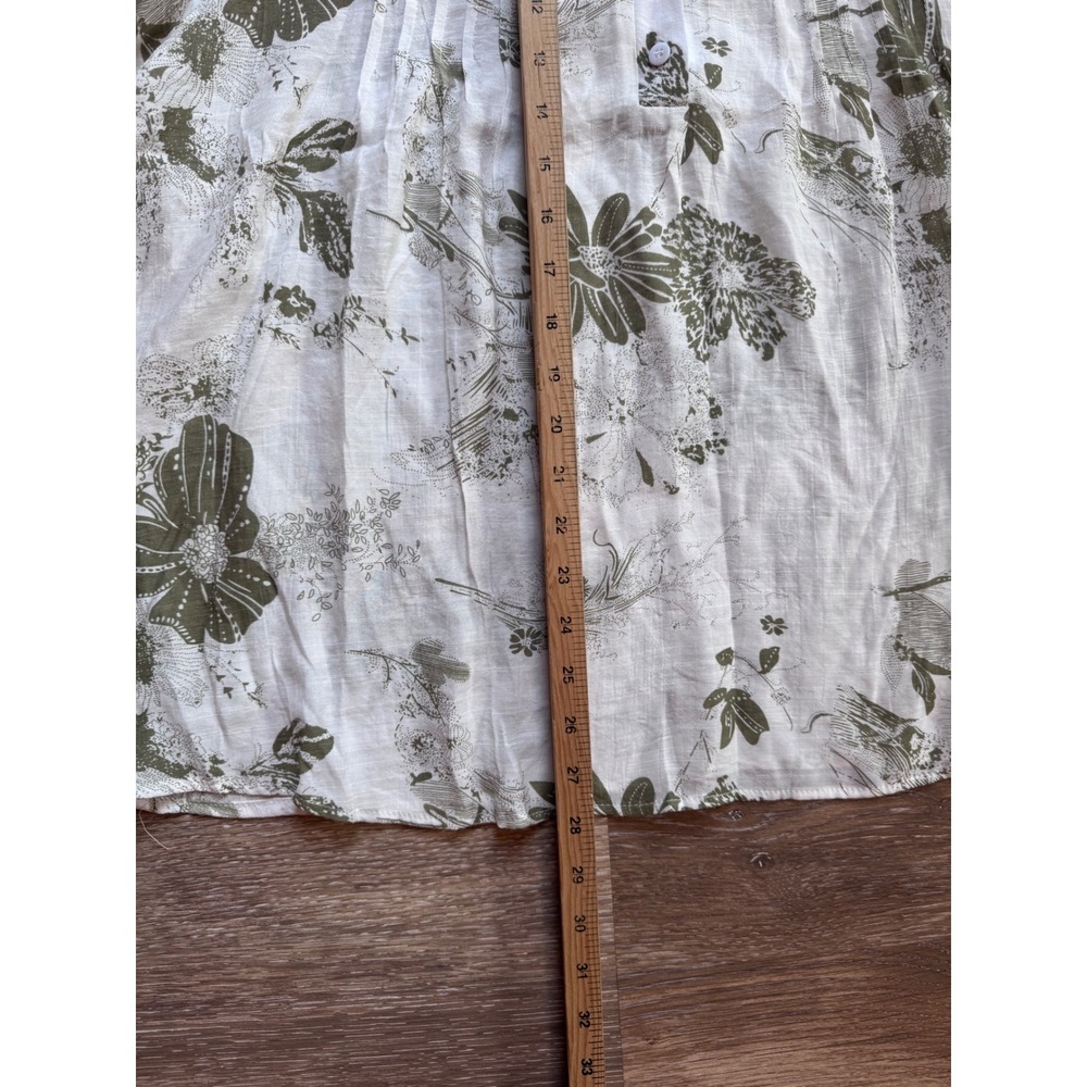 Floral Pintuck Button Front Blouse Olive Green White Short Sleeve XL - Picture 3 of 9